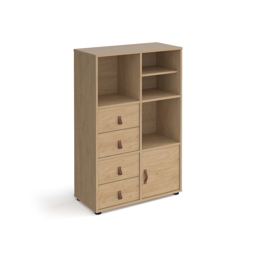 Universal cube storage unit 1295mm high on glides with matching shelf, cupboard and 2 sets of drawers - oak with oak inserts