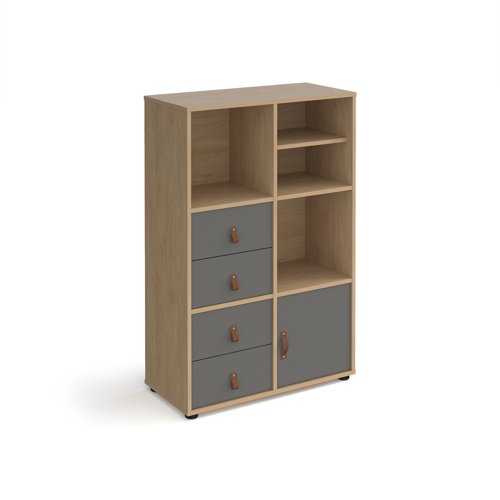 Universal cube storage unit 1295mm high on glides with matching shelf, cupboard and 2 sets of drawers - oak with grey inserts
