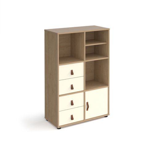 Universal cube storage unit 1295mm high on glides with matching shelf and cupboard and 2 sets of drawers - oak with white inserts