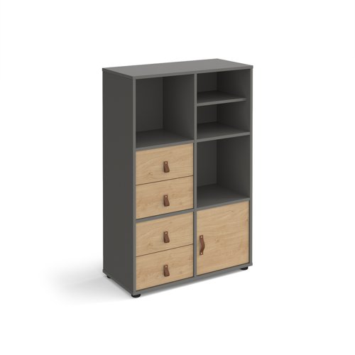 Universal cube storage unit 1295mm high on glides with matching shelf and cupboard and 2 sets of drawers - grey with oak inserts