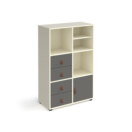 Universal cube storage unit 1295mm high on glides with matching shelf, cupboard and 2 sets of drawers - white with grey inserts