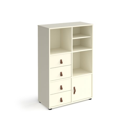 Universal cube storage unit 1295mm high on glides with matching shelf, cupboard and 2 sets of drawers - white with white inserts