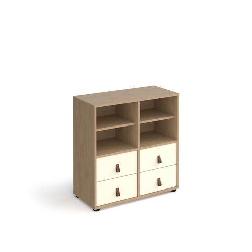 Universal cube storage unit 875mm high on glides with 2 matching shelves and 2 sets of drawers - oak with white inserts