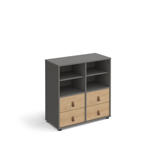 CUBE-BUNDLE-3-OG-KO Universal cube storage unit 875mm high on glides with 2 matching shelves and 2 sets of drawers - grey with oak inserts