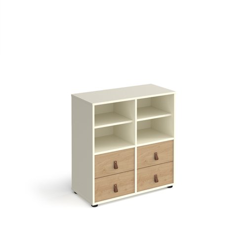 Universal cube storage unit 875mm high on glides with 2 matching shelves and 2 sets of drawers - white with oak inserts Modular Storage Systems CUBE-BUNDLE-3-WH-KO