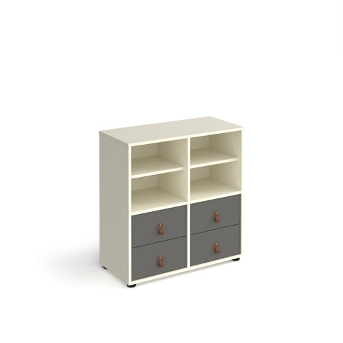 Universal cube storage unit 875mm high on glides with 2 matching shelves and 2 sets of drawers - white with grey inserts Modular Storage Systems CUBE-BUNDLE-3-WH-OG