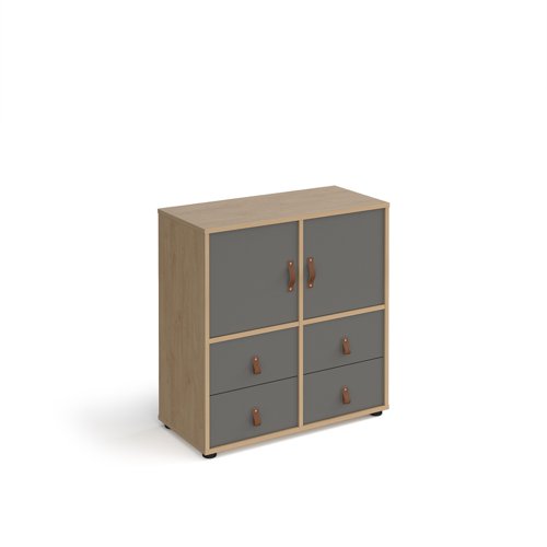 CUBE-BUNDLE-4-KO-OG Universal cube storage unit 875mm high on glides with 2 cupboards and 2 sets of drawers - oak with grey inserts