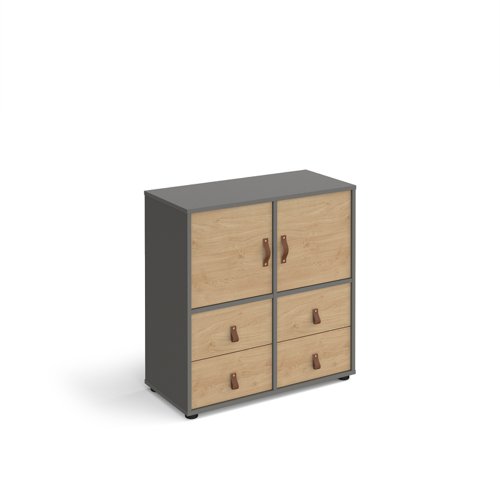 Universal cube storage unit 875mm high on glides with 2 cupboards and 2 sets of drawers - grey with oak inserts CUBE-BUNDLE-4-OG-KO Buy online at Office 5Star or contact us Tel 01594 810081 for assistance