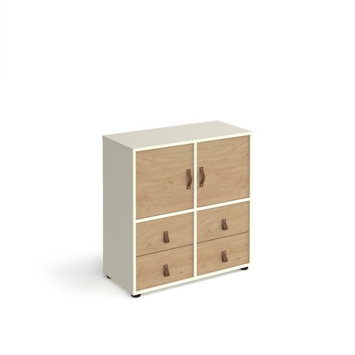 Universal cube storage unit 875mm high on glides with 2 cupboards and 2 sets of drawers - white with oak inserts Modular Storage Systems CUBE-BUNDLE-4-WH-KO