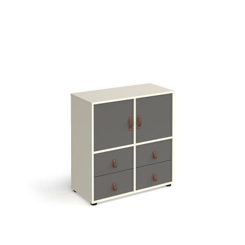 Universal cube storage unit 875mm high on glides with 2 cupboards and 2 sets of drawers - white with grey inserts Modular Storage Systems CUBE-BUNDLE-4-WH-OG
