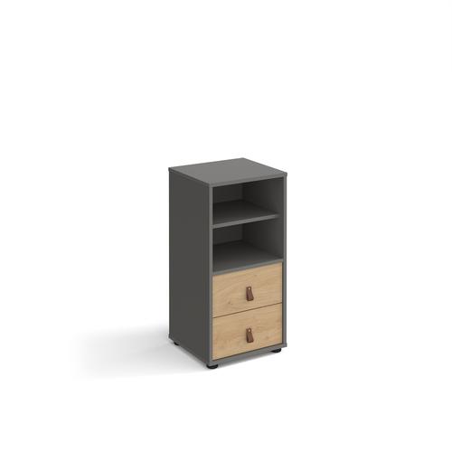 Universal cube storage unit 875mm high on glides with matching shelf and drawers - grey with oak inserts