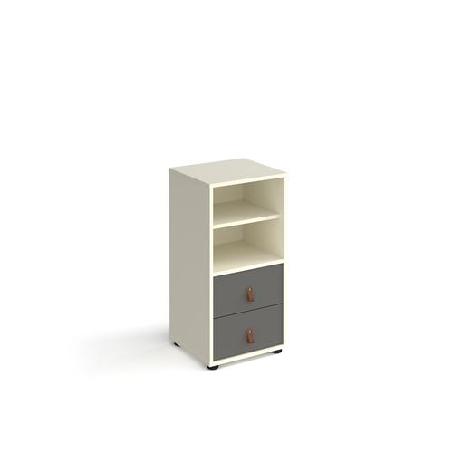 Universal cube storage unit 875mm high on glides with matching shelf and drawers - white with grey inserts