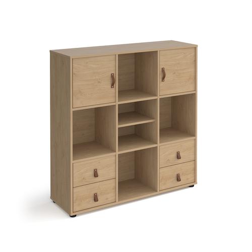 Universal cube storage unit 1295mm high on glides with matching shelf, 2 cupboards and 2 sets of drawers - oak with oak inserts