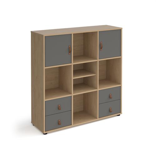 Universal cube storage unit 1295mm high on glides with matching shelf, 2 cupboards and 2 sets of drawers - oak with grey inserts