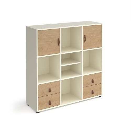 Universal cube storage unit 1295mm high on glides with matching shelf, 2 cupboards and 2 sets of drawers - white with oak inserts