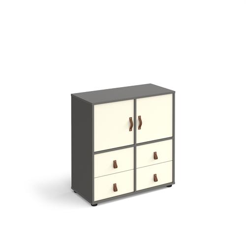 Universal cube storage unit 875mm high on glides with 2 cupboards and 2 sets of drawers - grey with white inserts