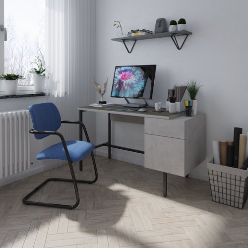Delphi home office workstation with integrated pedestal – Concrete grey with black frame Office Desks DELWS-K