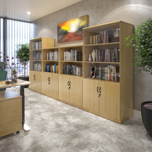 Deluxe combination unit with glass upper doors 2000mm high with 4 shelves - oak Bookcases With Storage DG20O