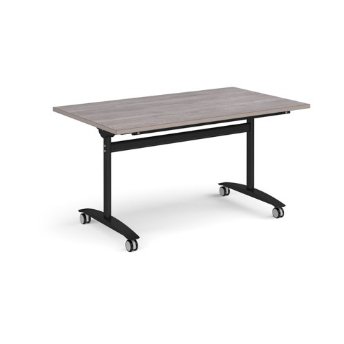 Rectangular deluxe fliptop meeting table with black frame 1400mm x 800mm - grey oak DFLP14-K-GO Buy online at Office 5Star or contact us Tel 01594 810081 for assistance
