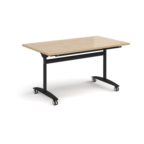 Rectangular deluxe flip top meeting table with black frame 1400mm x 800mm - Kendal oak