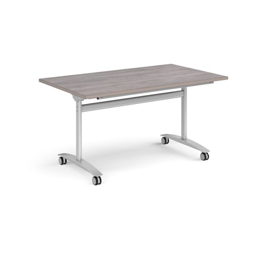 Rectangular deluxe fliptop meeting table with silver frame 1400mm x 800mm - grey oak DFLP14-S-GO Buy online at Office 5Star or contact us Tel 01594 810081 for assistance