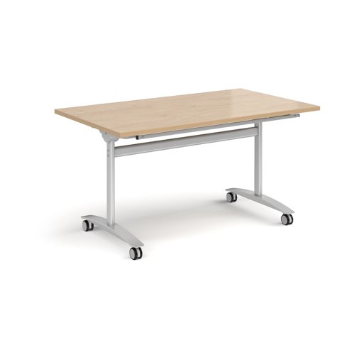 Rectangular deluxe flip top meeting table with silver frame 1400mm x 800mm - Kendal oak