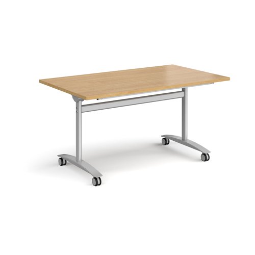 Rectangular deluxe fliptop meeting table with silver frame 1400mm x 800mm - oak DFLP14-S-O Buy online at Office 5Star or contact us Tel 01594 810081 for assistance
