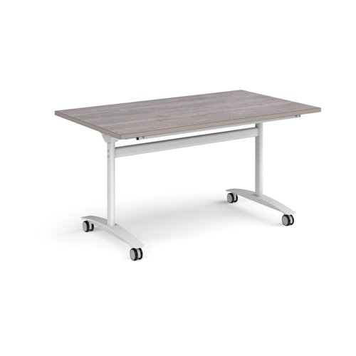 Rectangular deluxe fliptop meeting table with white frame 1400mm x 800mm - grey oak DFLP14-WH-GO Buy online at Office 5Star or contact us Tel 01594 810081 for assistance