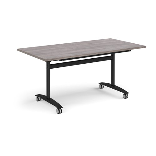 Rectangular deluxe fliptop meeting table with black frame 1600mm x 800mm - grey oak DFLP16-K-GO Buy online at Office 5Star or contact us Tel 01594 810081 for assistance