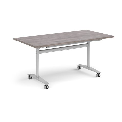 Rectangular deluxe fliptop meeting table with silver frame 1600mm x 800mm - grey oak DFLP16-S-GO Buy online at Office 5Star or contact us Tel 01594 810081 for assistance