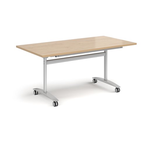 Rectangular deluxe flip top meeting table with silver frame 1600mm x 800mm - Kendal oak