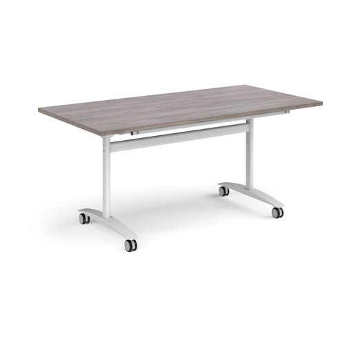 Rectangular deluxe fliptop meeting table with white frame 1600mm x 800mm - grey oak DFLP16-WH-GO Buy online at Office 5Star or contact us Tel 01594 810081 for assistance