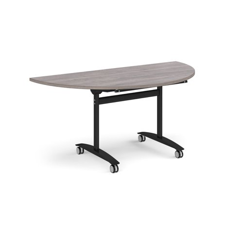 Semi circular deluxe fliptop meeting table with black frame 1600mm x 800mm - grey oak Meeting Tables DFLPS-K-GO