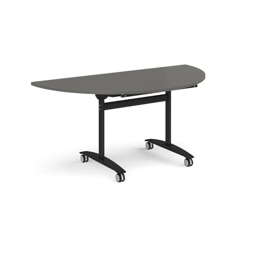 Semi circular deluxe flip top meeting table with black frame 1600mm x 800mm -Onyx Grey