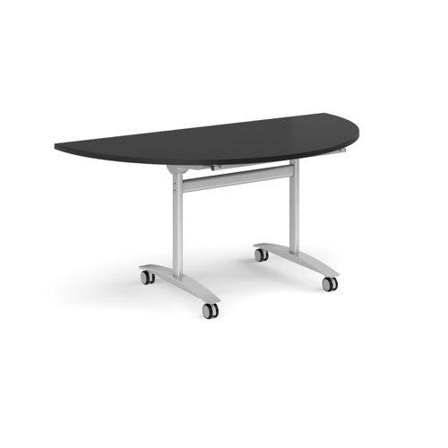 Semi circular deluxe flip top meeting table with silver frame 1600mm x 800mm - Black