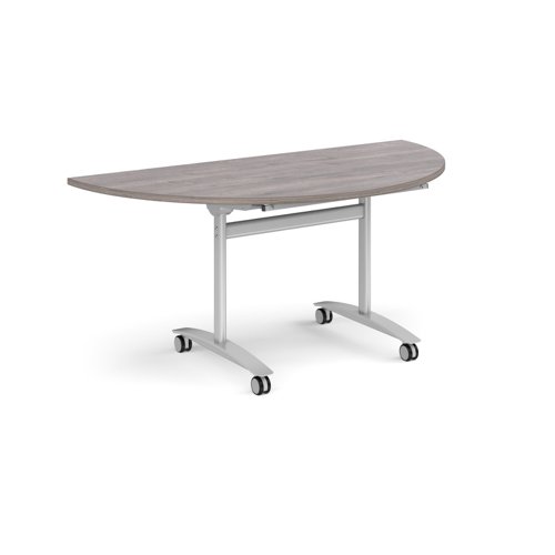 Semi circular deluxe fliptop meeting table with silver frame 1600mm x 800mm - grey oak