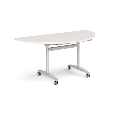 Semi circular deluxe flip top meeting table with silver frame 1600mm x 800mm - Light Grey