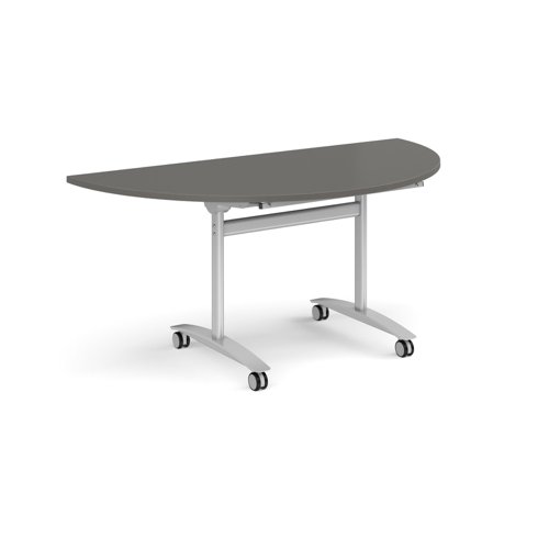 Semi circular deluxe flip top meeting table with silver frame 1600mm x 800mm - Onyx Grey