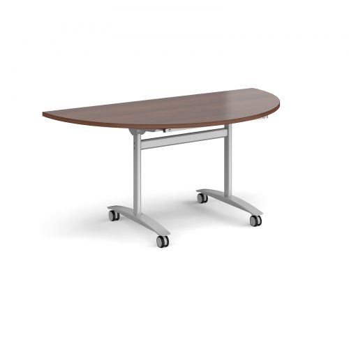 Semi circular deluxe fliptop meeting table with silver frame 1600mm x 800mm - walnut