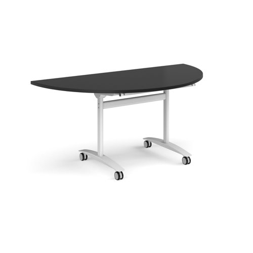 Semi circular deluxe flip top meeting table with white frame 1600mm x 800mm - Black