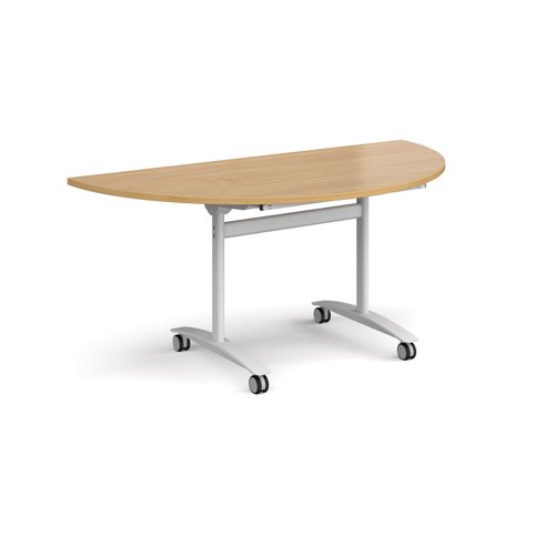 Semi circular deluxe fliptop meeting table with white frame 1600mm x 800mm - oak DFLPS-WH-O Buy online at Office 5Star or contact us Tel 01594 810081 for assistance