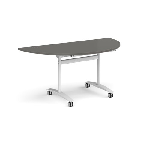 Semi circular deluxe flip top meeting table with white frame 1600mm x 800mm - Onyx Grey