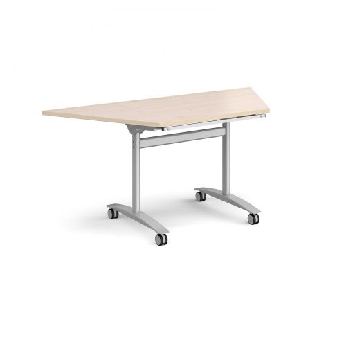 Trapezoidal deluxe fliptop meeting table with silver frame 1600mm x 800mm - maple