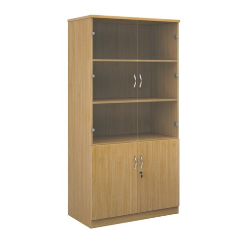Deluxe combination unit with glass upper doors 2000mm high with 4 shelves - oak