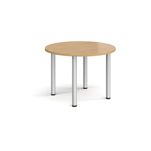 Circular silver radial leg meeting table 1000mm - oak DRL1000C-S-O Buy online at Office 5Star or contact us Tel 01594 810081 for assistance