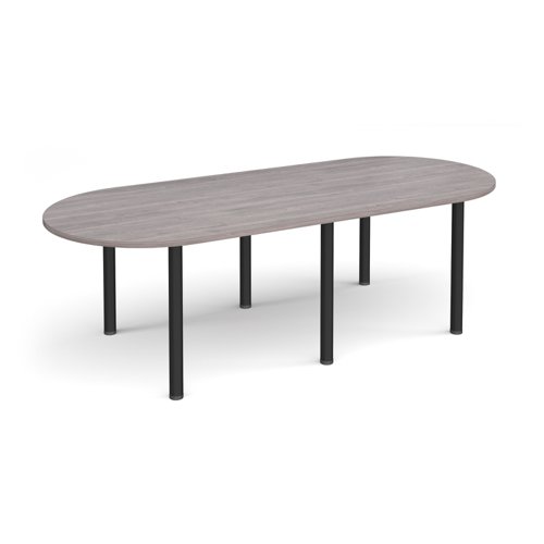 Radial end meeting table 2400mm x 1000mm with 6 black radial legs - grey oak