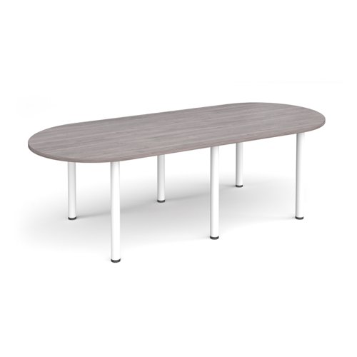Radial end meeting table 2400mm x 1000mm with 6 white radial legs - grey oak