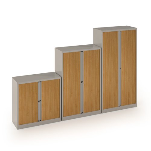 Bisley systems storage low tambour cupboard 1000mm high - silver with beech doors