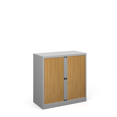 Bisley systems storage low tambour cupboard 1000mm high - silver with beech doors