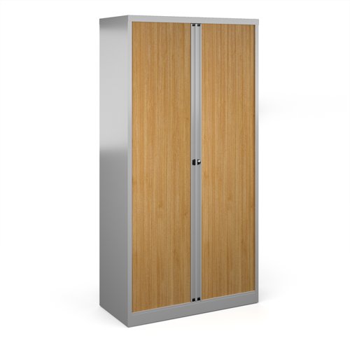 Bisley systems storage high tambour cupboard 1970mm high - silver with beech doors